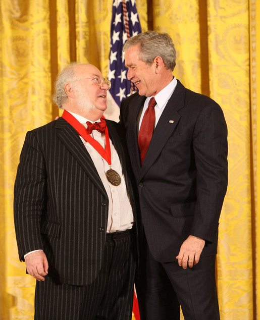 President George W. Bush congratulates Myron Magnet, editor of the City Journal of New York, as a recipient of the 2008 National Humanities Medal in ceremonies Monday, Nov. 17, 2008 at the White House. White House photo by Chris Greenberg