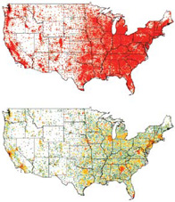 These maps of the United States display the potential spread of pandemic flu. Each dot changes from green to red as more people in that area get sick. The top map shows what could happen if we don't do anything. The bottom map shows the effect of giving people a less effective vaccine while a better one is being developed. Proceedings of the National Academy of Sciences