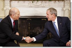 President George W. Bush and Prime Minister Ehud Olmert shake hands during the Israeli leader's visit Monday, Nov. 24, 2008, to the Oval Office. White House photo by Eric Draper