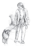 Ilustración de una mujer vestida de ropa casual y paseando a su perro con una correa.