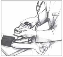 Ilustración de un médico revisando la presión arterial de un paciente con un monitor de presión arterial.