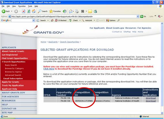 A screenshot of the Grants.gov 'Selected Grant Applications for Download' page highlighting the 'Version-2-Forms' label in the Competition ID field.