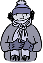 Cartoon of woman bundled up in heavy clothing 
