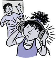 Cartoon of woman shouting at girl using headphones
