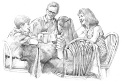 Illustration of a family eating dinner