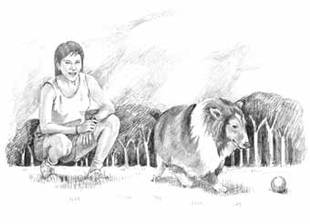 Women playing with dog.