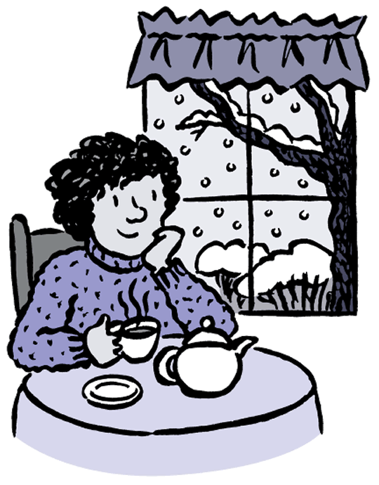  Cartoon of a woman sitting at a table with a hot drink
