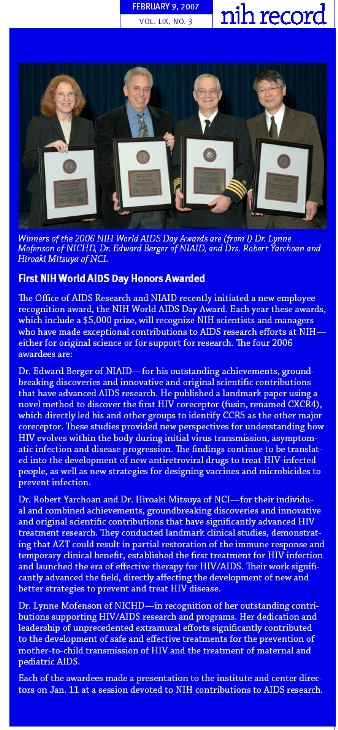 HAMB Scientists Hiroaki Mitsuya and Robert Yarchoan win First NIH AIDS Day Award, Dec 2006