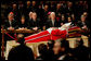 Pictured from left, President George W. Bush, Laura Bush, former President George H. W. Bush, former President Bill Clinton, Secretary of State Condoleezza Rice and White House Chief of Staff Andy Card pay their respects to Pope John Paul II as he lies in state in St. Peter's Basilica at the Vatican Wednesday, April 6, 2005. White House photo by Eric Draper