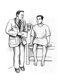Drawing of a doctor talking with a male patient in an exam room. The male patient is dressed in an exam gown and has taken off his shoes and socks. The patient sits on an exam table.