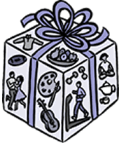  Cartoon of gift box with pictures of healthy gifts on wrapping paper