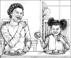 A mother and daughter eating sandwiches and fruit together at the kitchen table