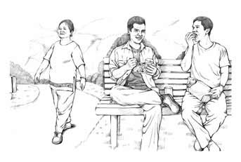 Illustration of women walking and two men sitting on a bench eating.