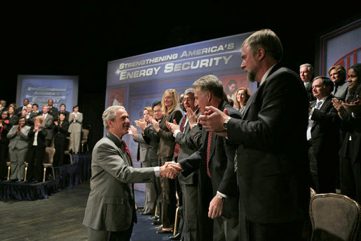 President George W. Bush greets audience members after his remarks on energy initiatives at Hotel Du Pont in Wilmington, Del., Wednesday, Jan. 24, 2007. White House photo by Paul Morse