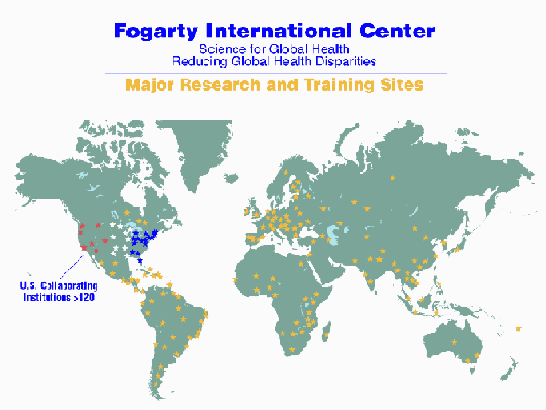 This map of the world indicates the locations where Fogarty-sponsored research and training is currently conducted.
