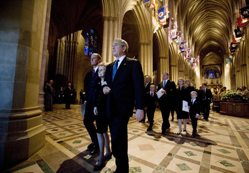 President George W. Bush escorts former first lady Betty Ford , with her son, Steven Ford, left, at the conclusion of the State Funeral service for former President Gerald R. Ford at the National Cathedral in Washington, D.C., Tuesday, Jan. 2, 2007. White House photo by Eric Draper