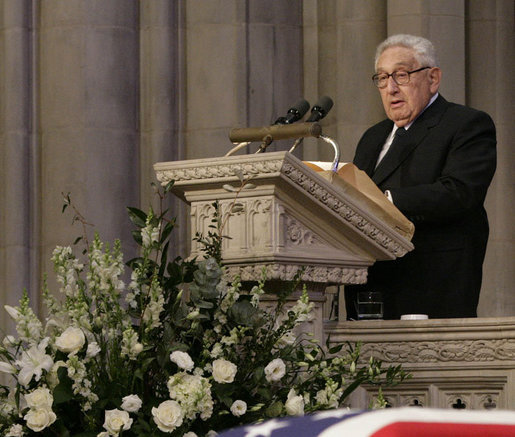 Former Secretary of State Henry Kissinger delivers his remarks honoring former President Gerald R. Ford during the State Funeral service at the National Cathedral in Washington, D.C., Tuesday, Jan. 2, 2007. White House photo by Eric Draper