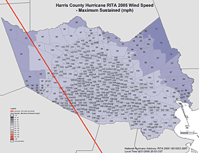 Hurricane Rita Maximum Sustained Wind Speeds (mph) in Harris County, TX.