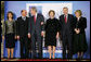 President George W. Bush and Mrs. Laura Bush share a light moment Wednesday, April 2, 2008, with Romania’s President Traian Basescu and Mrs. Maria Basescu, left, and NATO Secretary General Jaap de Hoop Scheffer and Mrs. Jeannine de Hoop Scheffer during the NATO Summit official greeting at the Cotroceni Palace in Bucharest. White House photo by Chris Greenberg