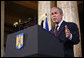 President George W. Bush emphasizes a point as he delivers remarks Tuesday, April 2, 2008, at the National Bank of Savings in Bucharest. White House photo by Shealah Craighead