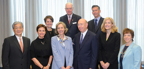NCI director Dr. John Niederhuber (front, fourth from l) recently welcomed new NCAB members. They are (front, from l) Dr. Waun Hong, Mary Lester, Dr. Carolyn Runowicz, Dr. Jennifer Pietenpol, Dr. Judith Kaur. In the second row are (from l) Dr. Victoria Champion, William Goodwin and Dr. H. Kim Lyerly.