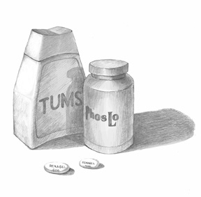 Drawing of two bottles of phosphate binders on a table. One bottle is labeled “Tums” and the other is labeled “PhosLo.” Pills lying on the table are labeled “Renagel.”