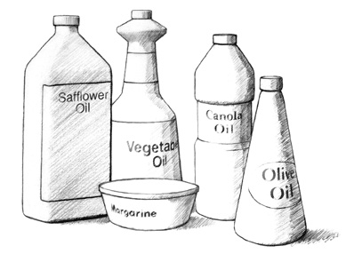Drawing of vegetable oils. Four bottles are labeled “Safflower Oil,” “Vegetable Oil,” “Canola Oil,” and “Olive Oil.” A container is labeled “Margarine.”