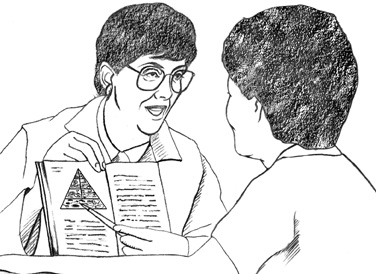 Drawing of a patient talking with a dietitian. The dietitian is holding a book open and pointing to a picture of the food pyramid.