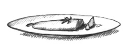 Drawing of a cooked fish on a plate. A sprig of parsley garnishes the fish.
