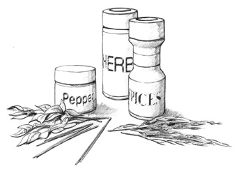 Drawing of herbs and spices. Three bottles are labeled “Pepper,” “Herbs,” and “Spices.” Loose herbs and spices are scattered next to the bottles.