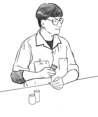 Drawing of a female pharmacist holding a prescription pill bottle.