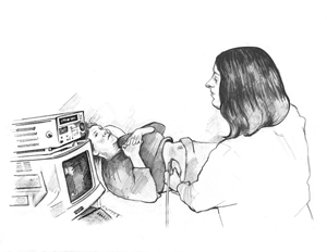 Drawing of a female health worker performing an ultrasound examination of a female patient.  The patient is lying on her back.  The health worker is holding the ultrasound device to the patient’s abdomen as she looks at a computer screen.