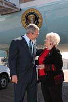 President George W. Bush presented the President’s Volunteer Service Award to Marion Harrison upon arrival in Alexandria, Louisiana, on Monday, October 20, 2008.  Harrison is a volunteer with the Alexandria VA Medical Center. To thank them for making a difference in the lives of others, President Bush honors a local volunteer when he travels throughout the United States.  He has met with more than 650 volunteers, like Harrison, since March 2002.