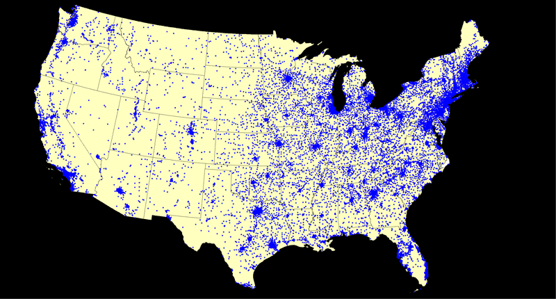 Text Description of Map: This map toggles between a nightime U.S. satellite photograph showing where people live and a map of U.S. zipcodes where one ore more teachers have ordered the NIH Curriculum Supplements. The two maps align perfectly, indicating that NIH Curriculum Supplements distribution is consistent with the geogrpahic distribution of the U.S. population.
