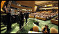 President George W. Bush acknowledges the audience after delivering remarks Tuesday, Sept. 23, 2008, to the United Nations General Assembly in New York. In his last address as President of the United States, President Bush said, "The United Nations is an organization of extraordinary potential. As the United Nations rebuilds its headquarters, it must also open the door to a new age of transparency, accountability, and seriousness of purpose. With determination and clear purpose, the United Nations can be a powerful force for good as we head into the 21st Century." White House photo by Eric Draper