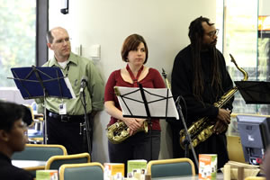 Alexander Drive Band trumpeter Mike Humble, left, and alto saxophonist Lisa Chadwick of NIEHS