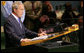 President George W. Bush delivers remarks to the United Nations General Assembly Tuesday, Sept. 23, 2008, in New York. In his eighth and final speech before the assembly, the President highlighted how the United States has partnered closely with other nations to address global challenges an urged the U.N. and other multilateral organizations to continue to actively confront terror. White House photo by Chris Greenberg