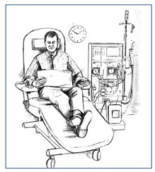 Drawing of a man receiving hemodialysis treatment in a clinic. A wall clock behind the man reads 10:08 a.m.