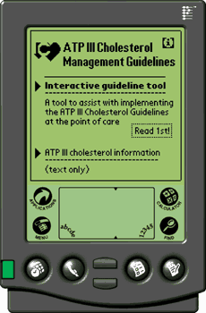 Image of a palm pilot showing the ATP III Cholesterol Management Guidelines 