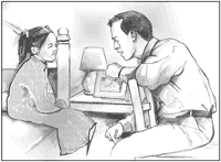 Drawing of an Asian father talking with his young daughter in her bedroom.