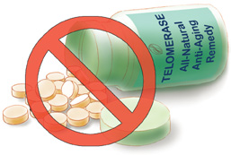 Illustration of a stop sign super imposed on a spilled bottle of pills labeled Telomerase All-Natural Anti-Aging Remedy