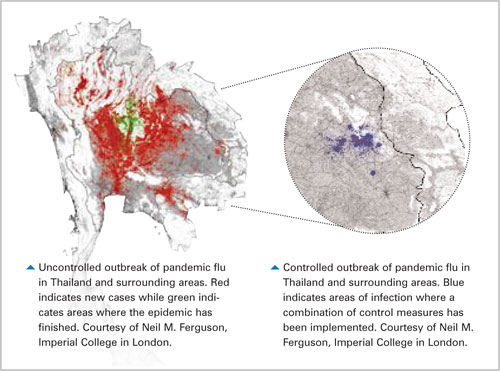 (Left) Uncontrolled outbreak of pandemic flu in Thailand and surrounding areas. Red indicates new cases while green indicates areas where the epidemic has finished. Courtesy of Neil M. Ferguson, Imperial College in London.(Right) Controlled outbreak of pandemic flu in Thailand and surrounding areas. Blue indicates areas of infection where a combination of control measures has been implemented. Courtesy of Neil M. Ferguson, Imperial College in London.