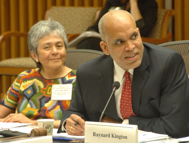 NIH deputy director Dr. Raynard Kington presides over the recent ACD meeting. Also shown is NIH deputy director for extramural research Dr. Norka Ruiz Bravo.