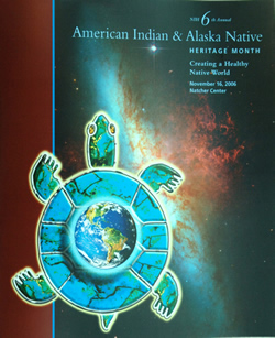Commemorative poster shows Turtle present at the creation and embodies a sacred story. The Oneidas’ version tells how the Earth was once covered with water until the Great Spirit sent his daughter down from the sky. As she fell, the water animals rushed to prepare a home for her, diving to retrieve bits of Earth from the bottom of the sea. They summoned Turtle and patted the soil over his shell. Dry land grew and formed the place where Sky Woman would live and give birth to twin spirits: good and evil. To this day, Turtle still holds the Earth on his back.