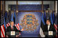 President George W. Bush smiles as he joins President Toomas Hendrik Ilves of Estonia, at the National Bank of Estonia in Tallinn Tuesday, Nov. 28, 2006, for a joint press availability. President Bush told his counterpart, "I'm proud to be the first sitting American President to visit Estonia." White House photo by Paul Morse