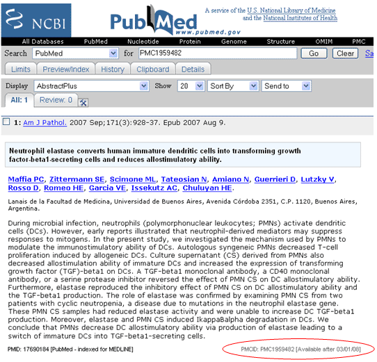 a partial screenshot from PubMed, with the PMCID circled
