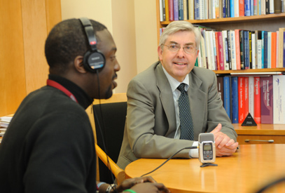 NINDS deputy director Dr. Walter Koroshetz (r) is interviewed by NIH Radio’s Woleola Akinso for a feature on stroke. The program aired on 1,000 stations through XM Radio.