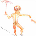 Drawing of a teenage boy walking a tightrope 
