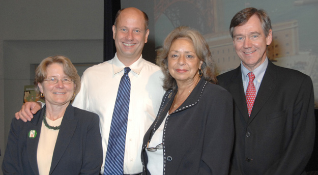 Dr. Vivian Pinn (second from r), ORWH director, greets seminar speakers (from l) Dr. Jeannette Brown of the University of California, San Francisco; Dr. Scott Hultgren of Washington University Medical School; and Dr. John DeLancey of the University of Michigan Medical School.