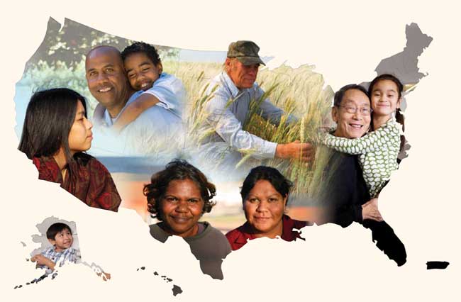 The breadth and depth of NCRR's community partnerships are represented in this image of a U.S. map with superimposed photographs of men, women, and children of various racial and ethnic groups.